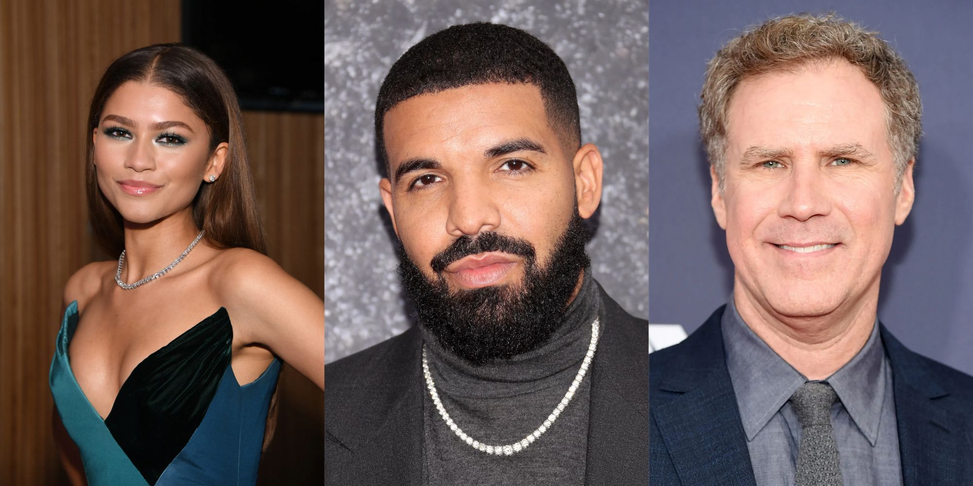 Split image of celebrities Drake, Zendaya, and Will Ferrell all posing at premieres