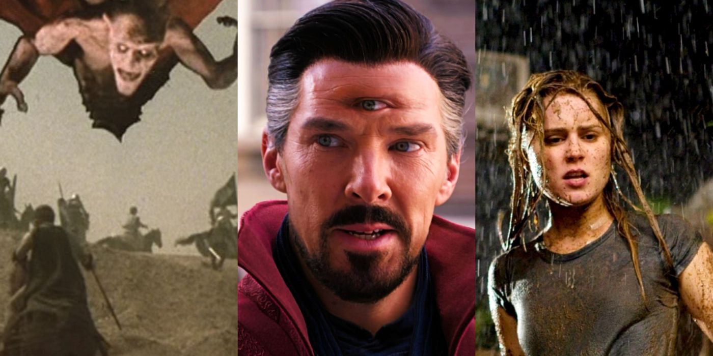 Split image of a winged deadite in Army of Darkness, Doctor Strange in Multiverse of Madness, and Christine in Drag Me To Hell