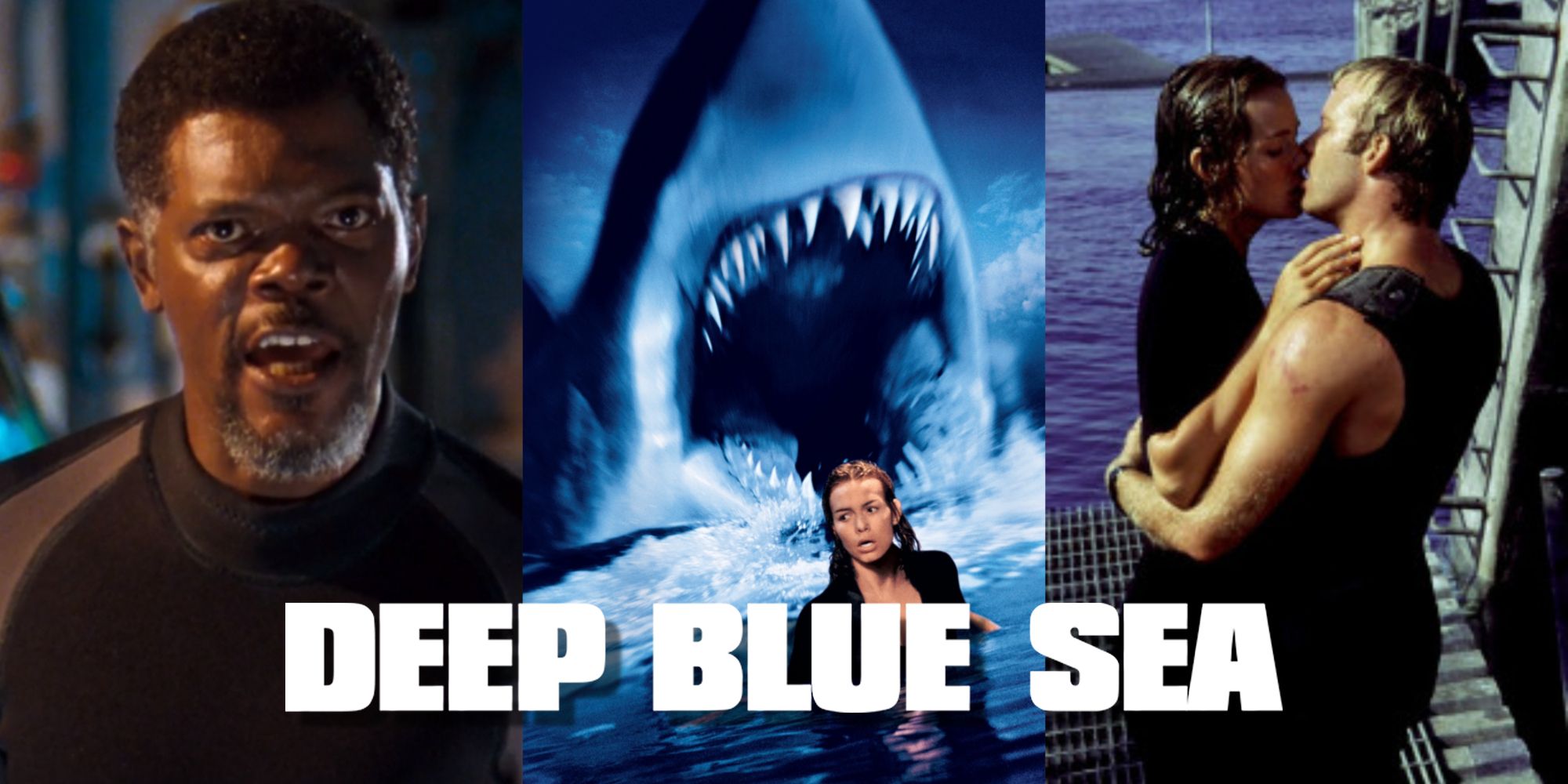 Split image of characters and sharks from Deep Blue Sea
