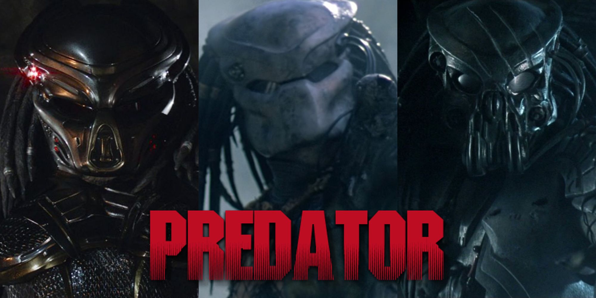 Split image of different Yautja Hunters with their bio masks from across the Predator franchise 1