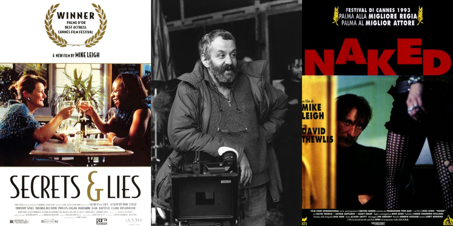 Split image of director Mike Leigh and posters for Secrets Lies and Naked