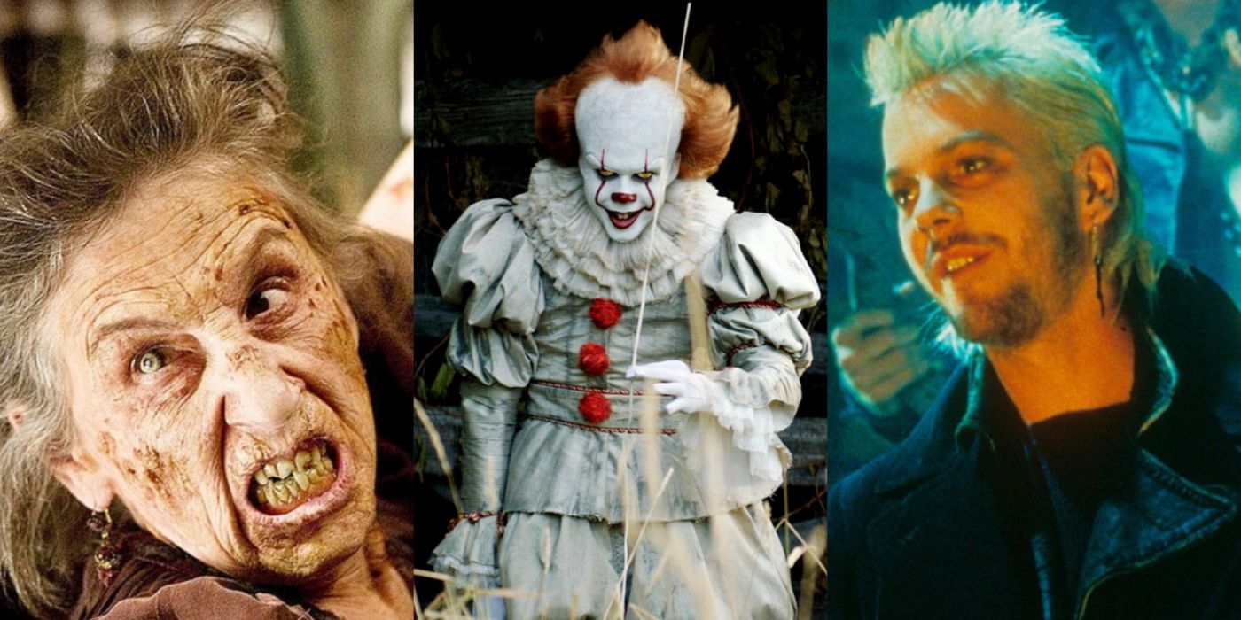 Split image of the gypsy in Drag Me To Hell, Pennywise in It, and David in The Lost Boys