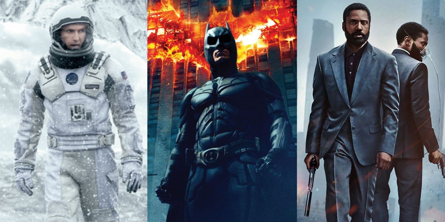 Split image of the posters for Interstellar, The Dark Knight, and Tenet