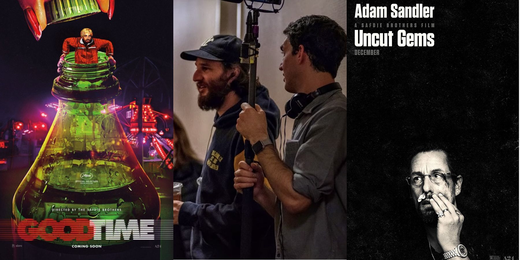 Split image showing the Safdie Brothers and the posters for Good Time and Uncut Gems