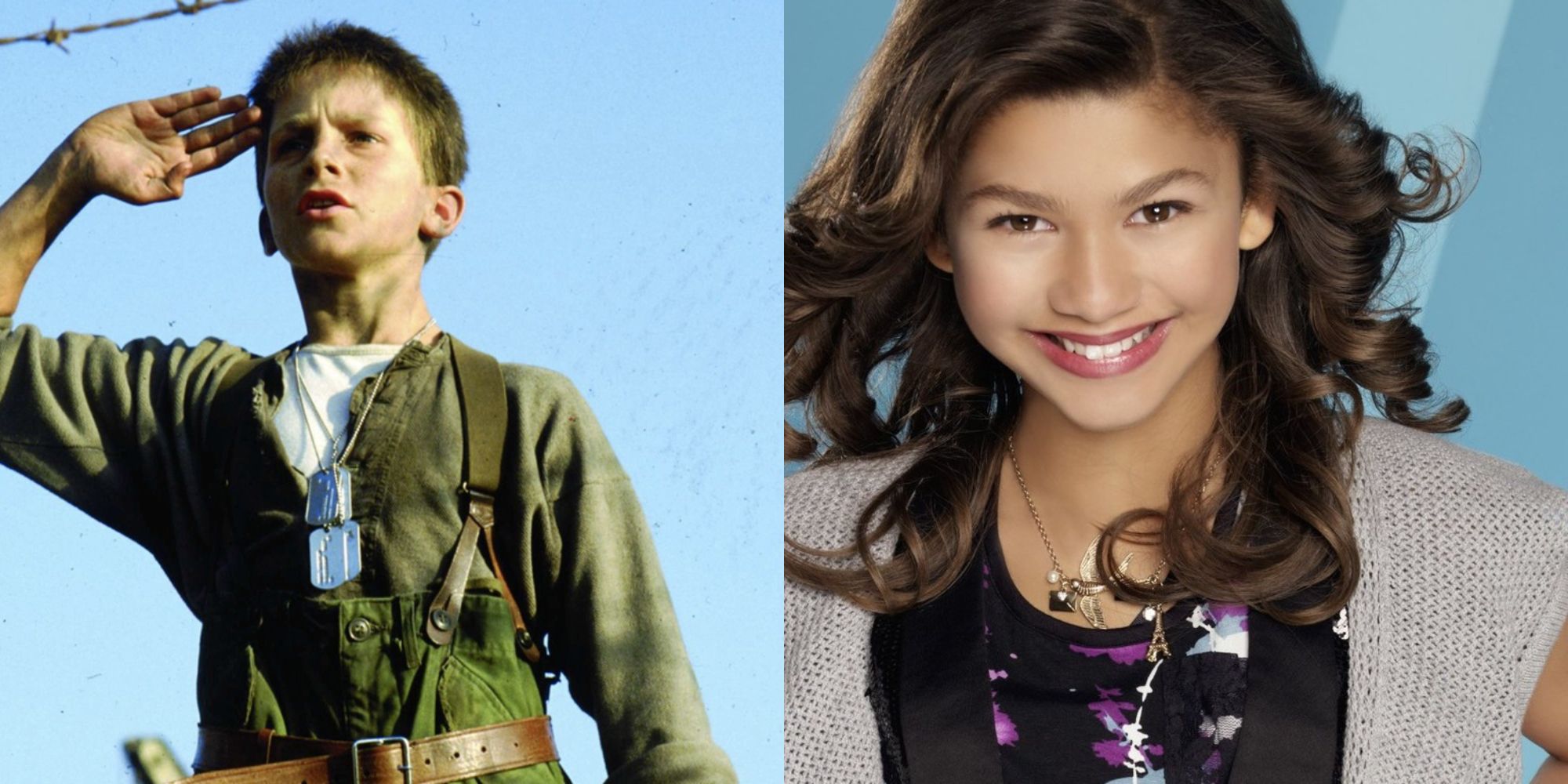 Split images of Christian Bale in Empire of the Sun and Zendaya in Shake It Up