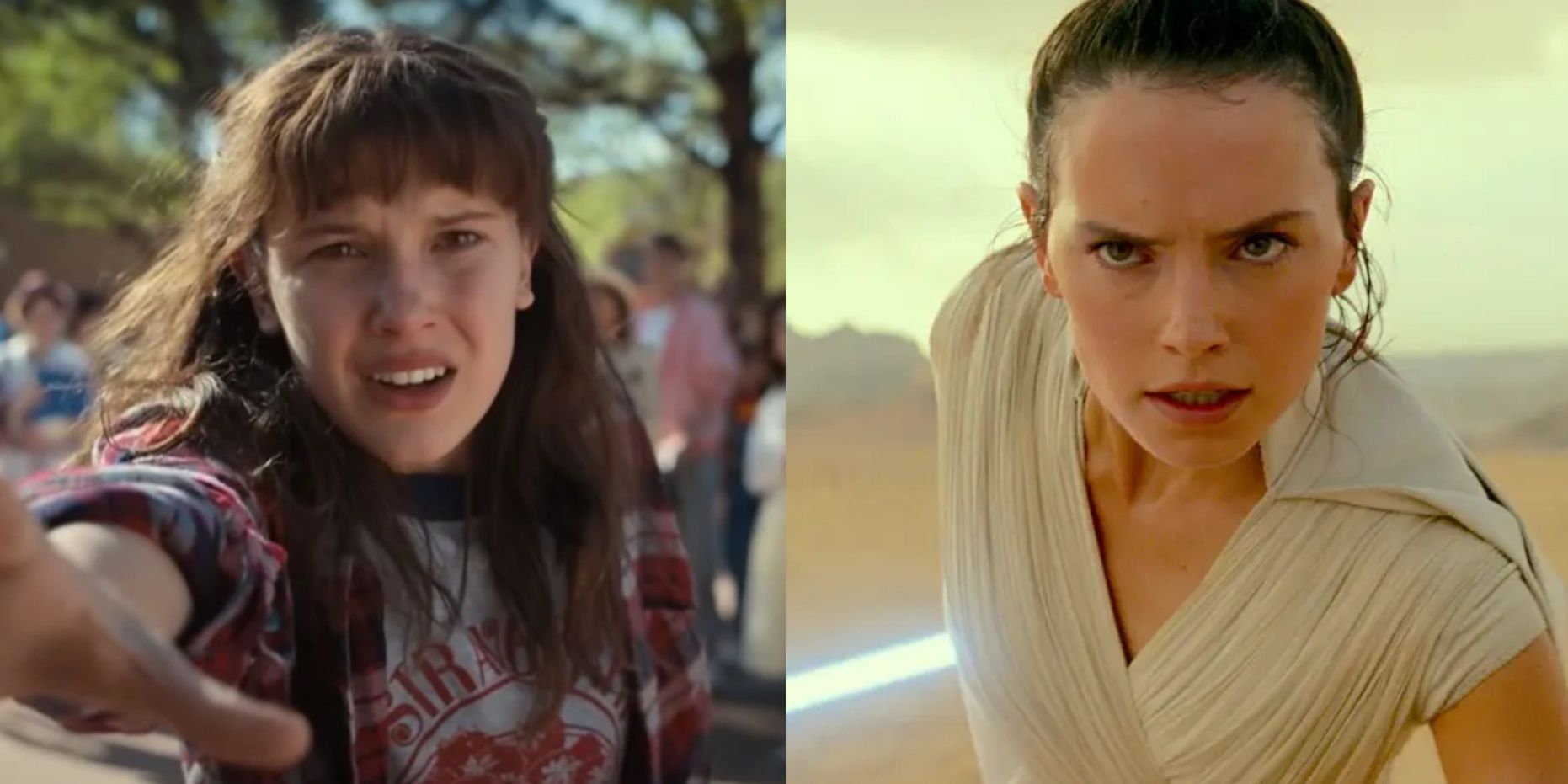 Split images of Eleven in Stranger Things and Rey in Star Wars