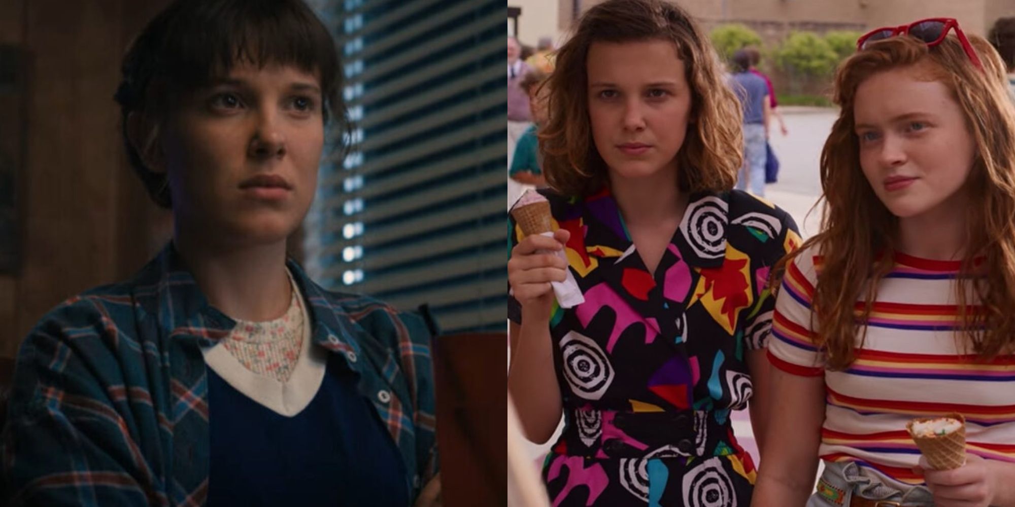 Split images of Eleven looking angry and Eleven with Max in Stranger Things