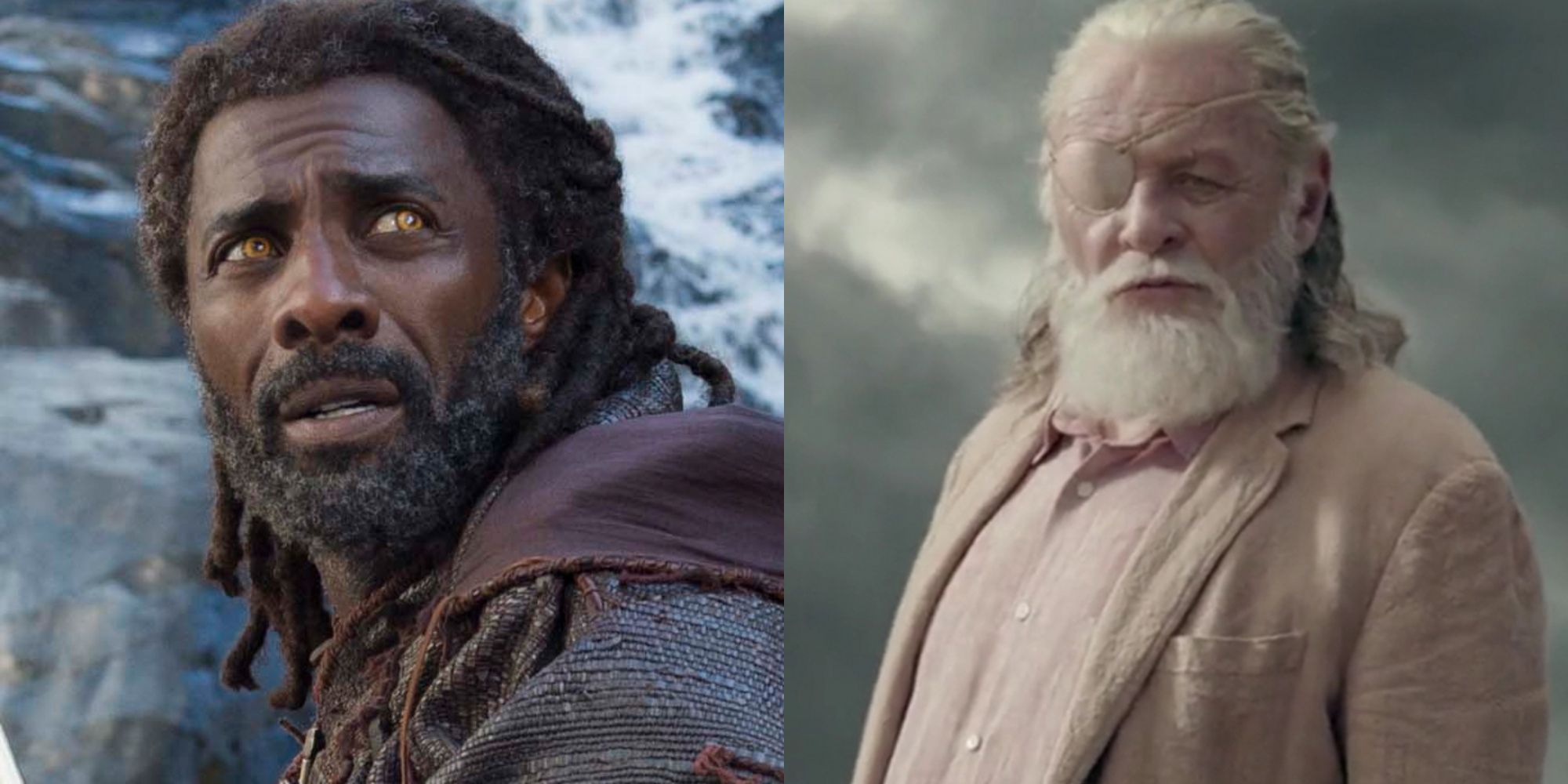 Split images of Heimdall looking up and Odin looking down in Thor Ragnarok