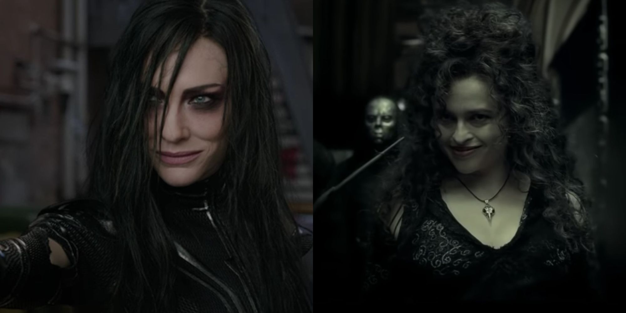 Split images of Hela in Thor Ragnarok and Bellatrix Lestrange in Harry Potter
