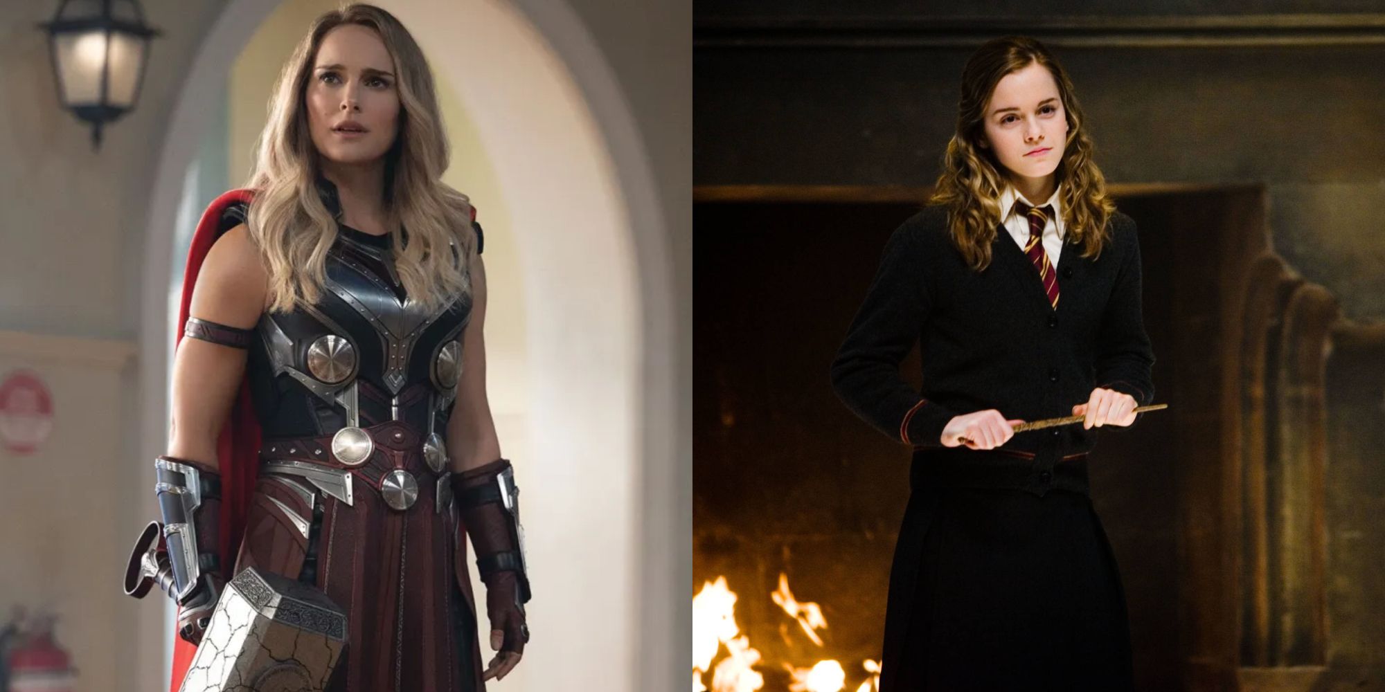 Split images of Jane Foster in Thor and Hermione Granger in Harry Potter