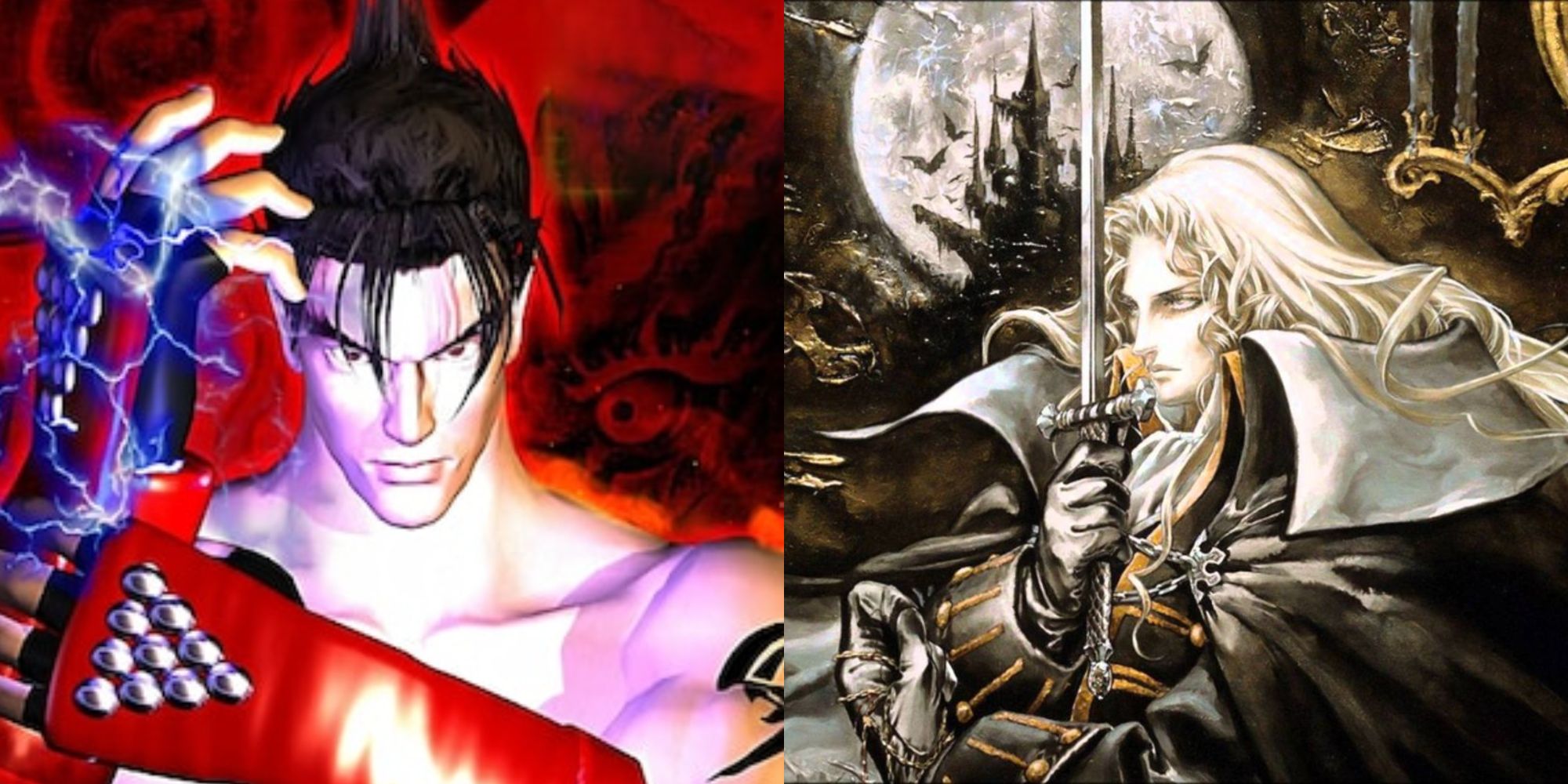 Split images of Jin Kazama in Tekken 3 and a man with a sword in Castlevania