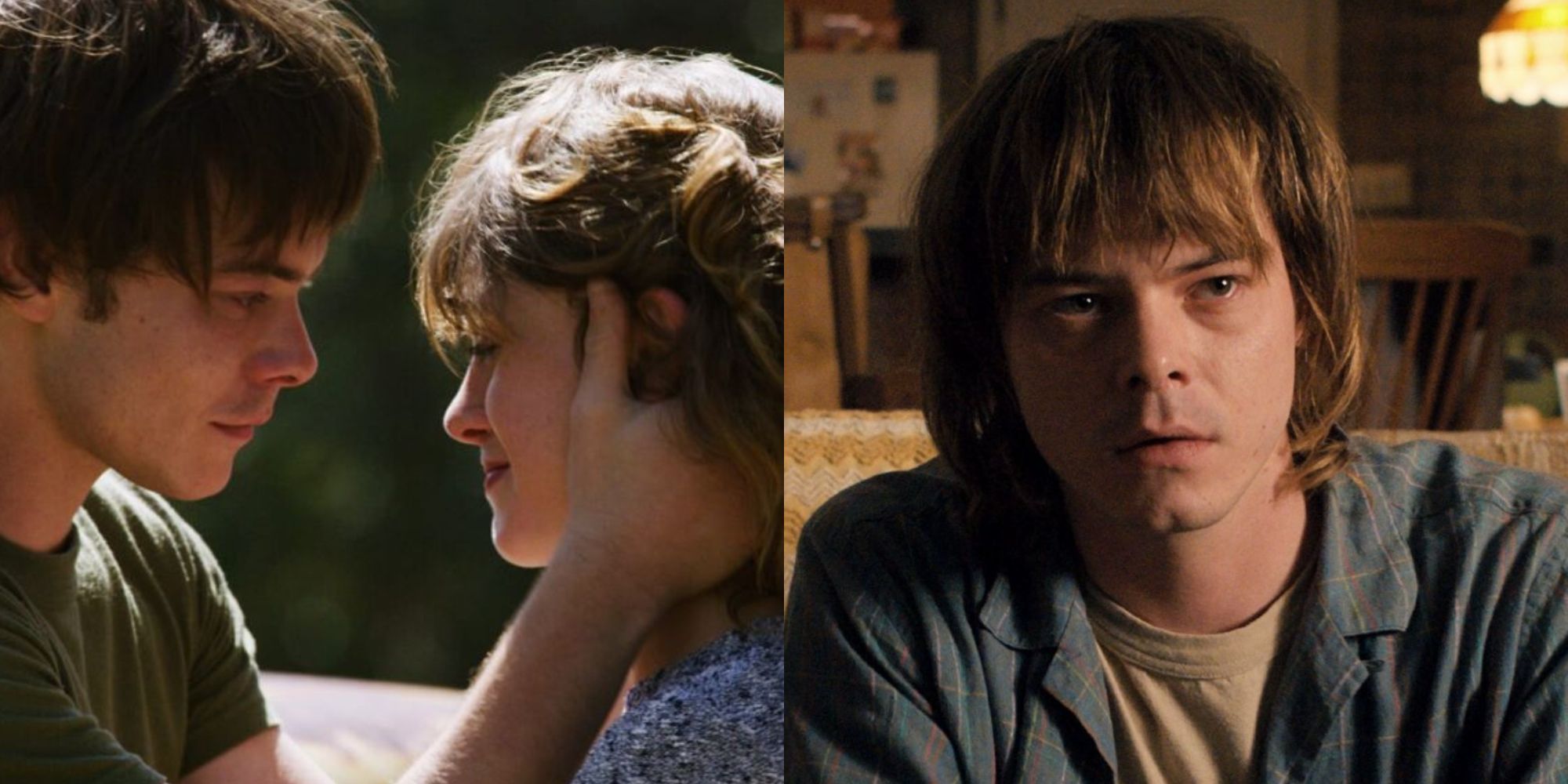 Split images of Jonathan with Nancy and Jonathan looking confused in Stranger Things