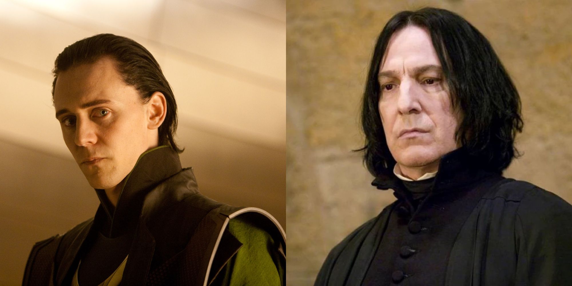 Split images of Loki in Thor and Severus Snape in Harry Potter