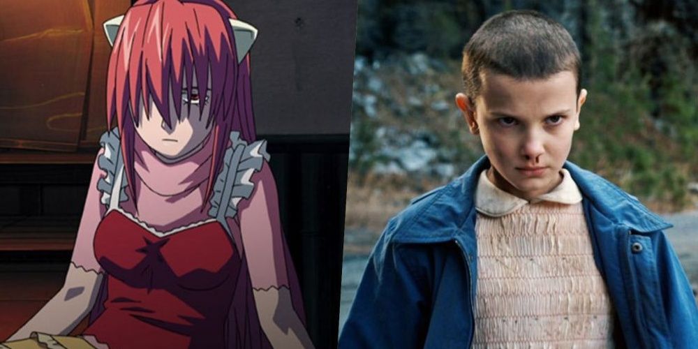 Split images of Lucy looking glum in Elfen Lied and Eleven looking angry in Stranger Things Cropped
