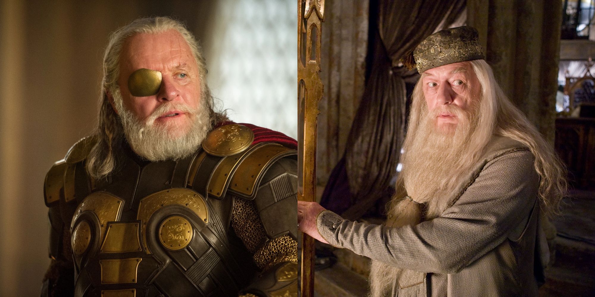 Split images of Odin in Thor and Albus Dumbledore in Harry Potter