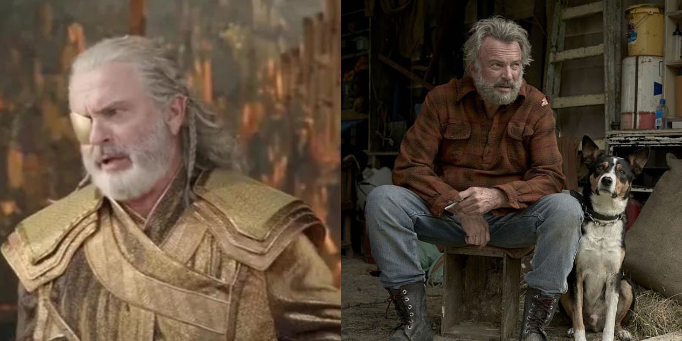 Split images of Sam Neill in Thor Ragnarok and Hunt for the Wilderpeople