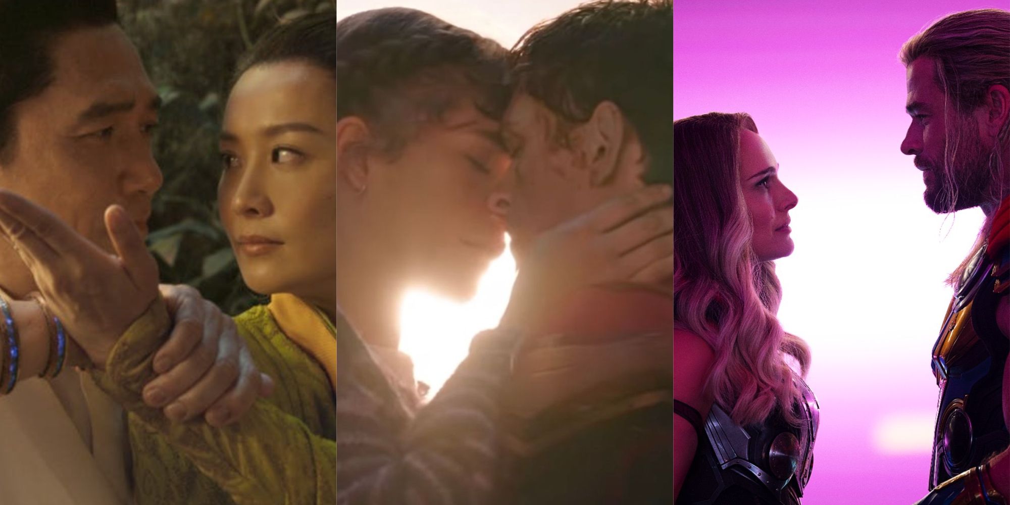 Split images of Shang-Chi, Spider-Man No Way Home, and Thor Love and Thunder