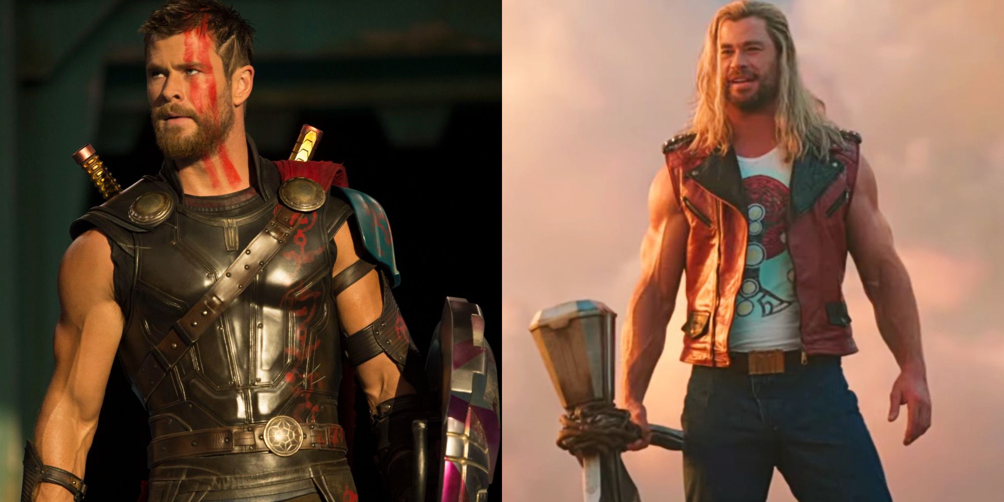 Split images of Thor in Ragnarok and Thor in Love and Thunder