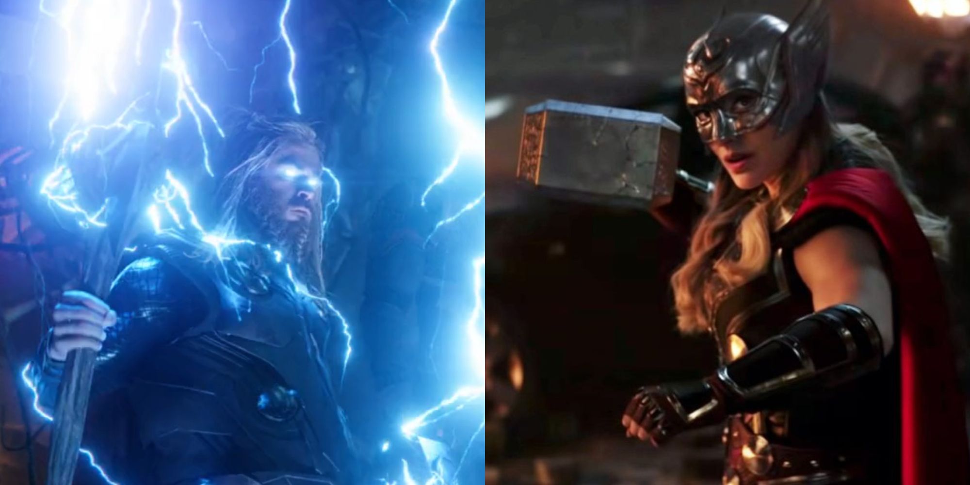 Split images of Thor with Stormbreaker in Avengers Endgame and Jane with Mjolnir in Thor Love and Thunder
