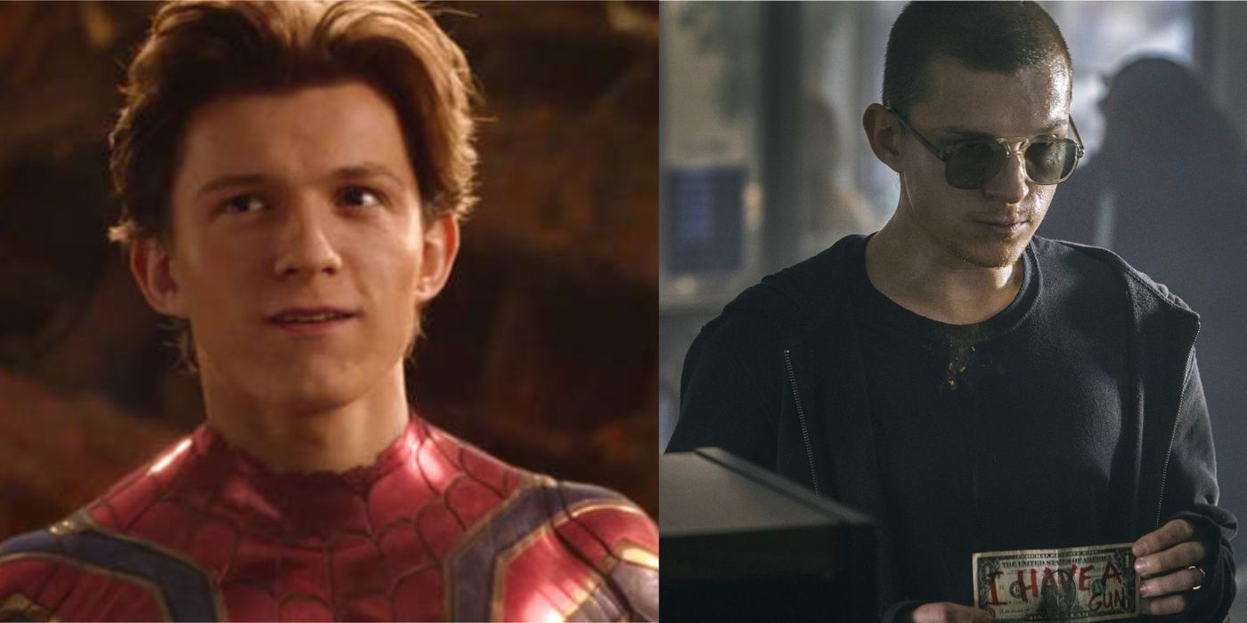 Split images of Tom Holland in Infinity War and Cherry