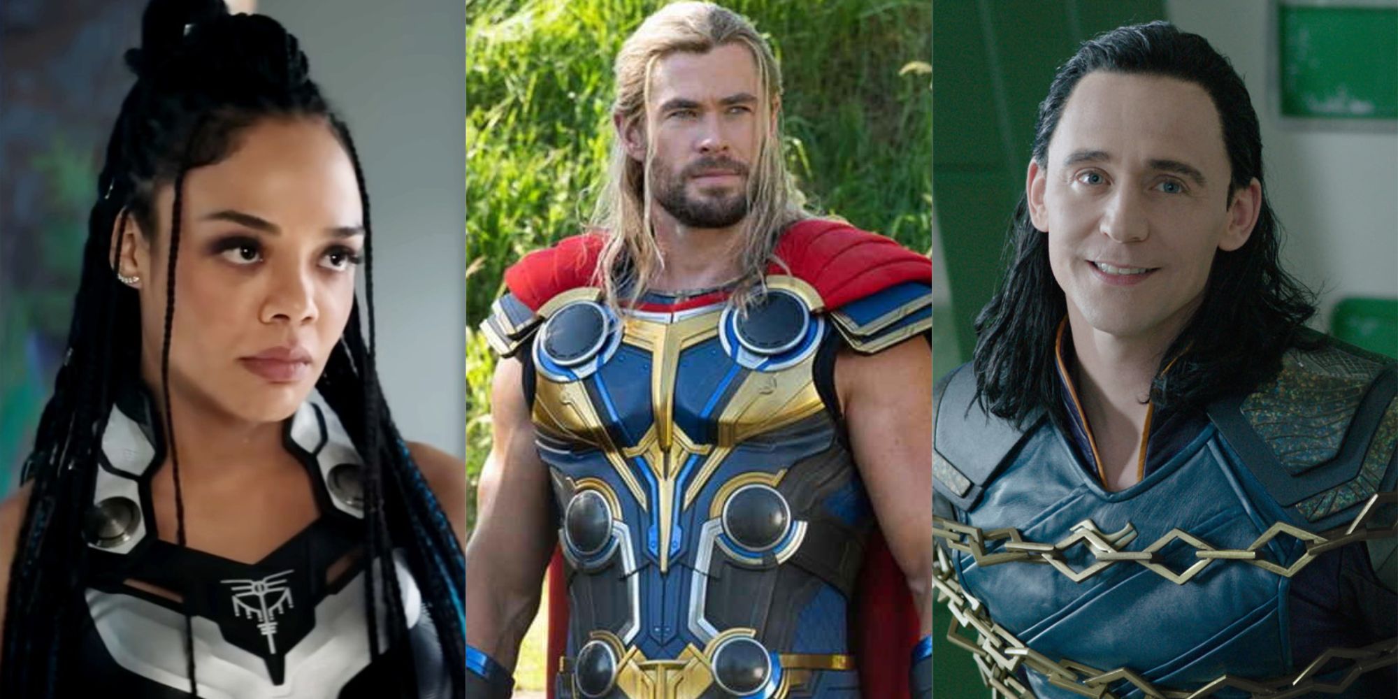 Split images of Valkyrie, Thor, and Loki in the Marvel Cinematic Universe