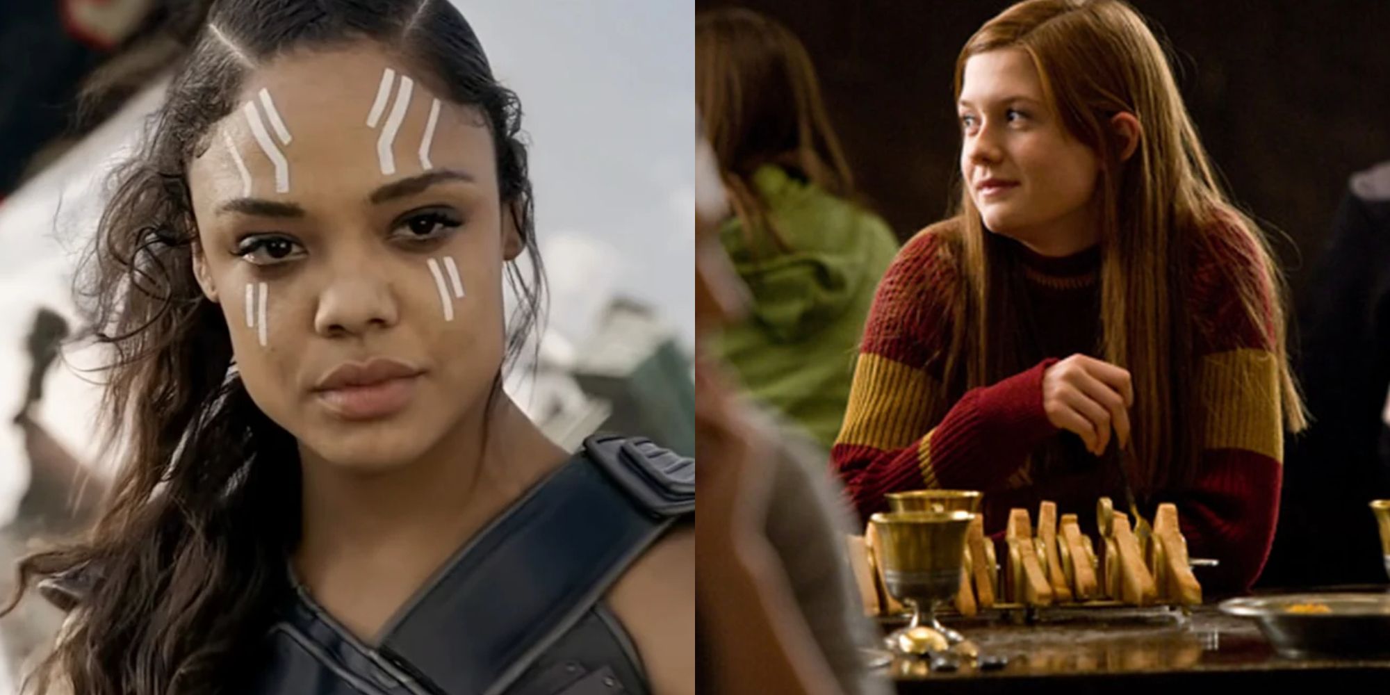 Split images of Valkyrie in Thor Ragnarok and Gonny Weasley in Harry Potter
