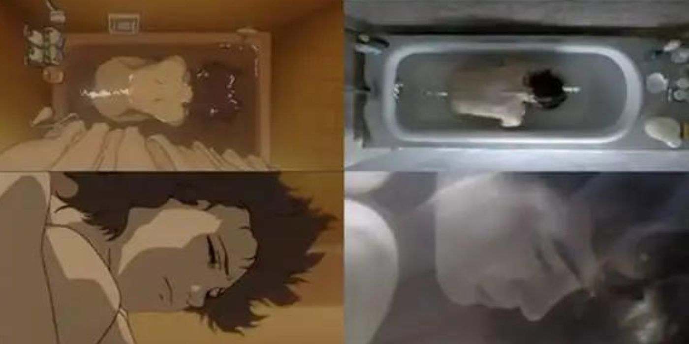 Split images of a woman crying in a bathtub in Perfect Blue and Requiem For A Dream