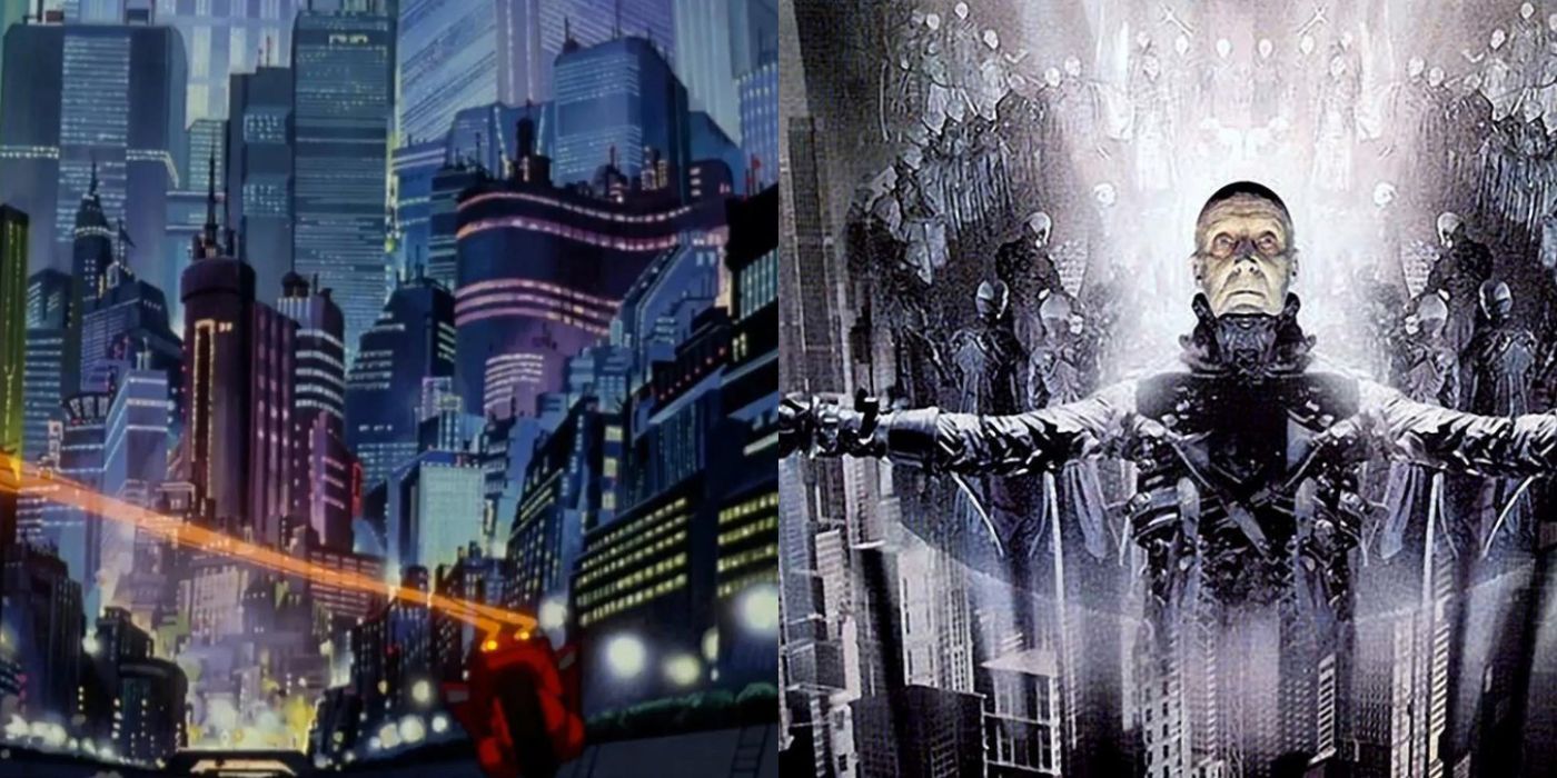 Split images of city landscapes in Akira and Dark City