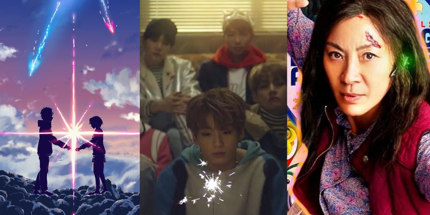Split images of stills from Your Name, BTS' Spring Day, Everything Everywhere All At Once