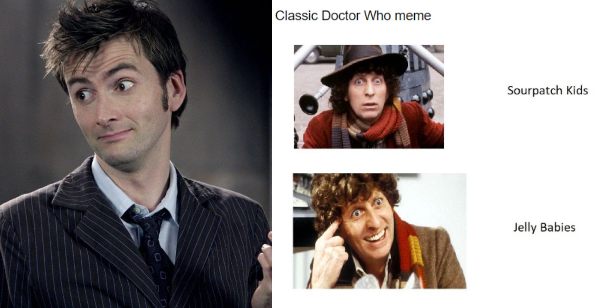 Split images of the Tenth Doctor smiling and a Fourth Doctor meme