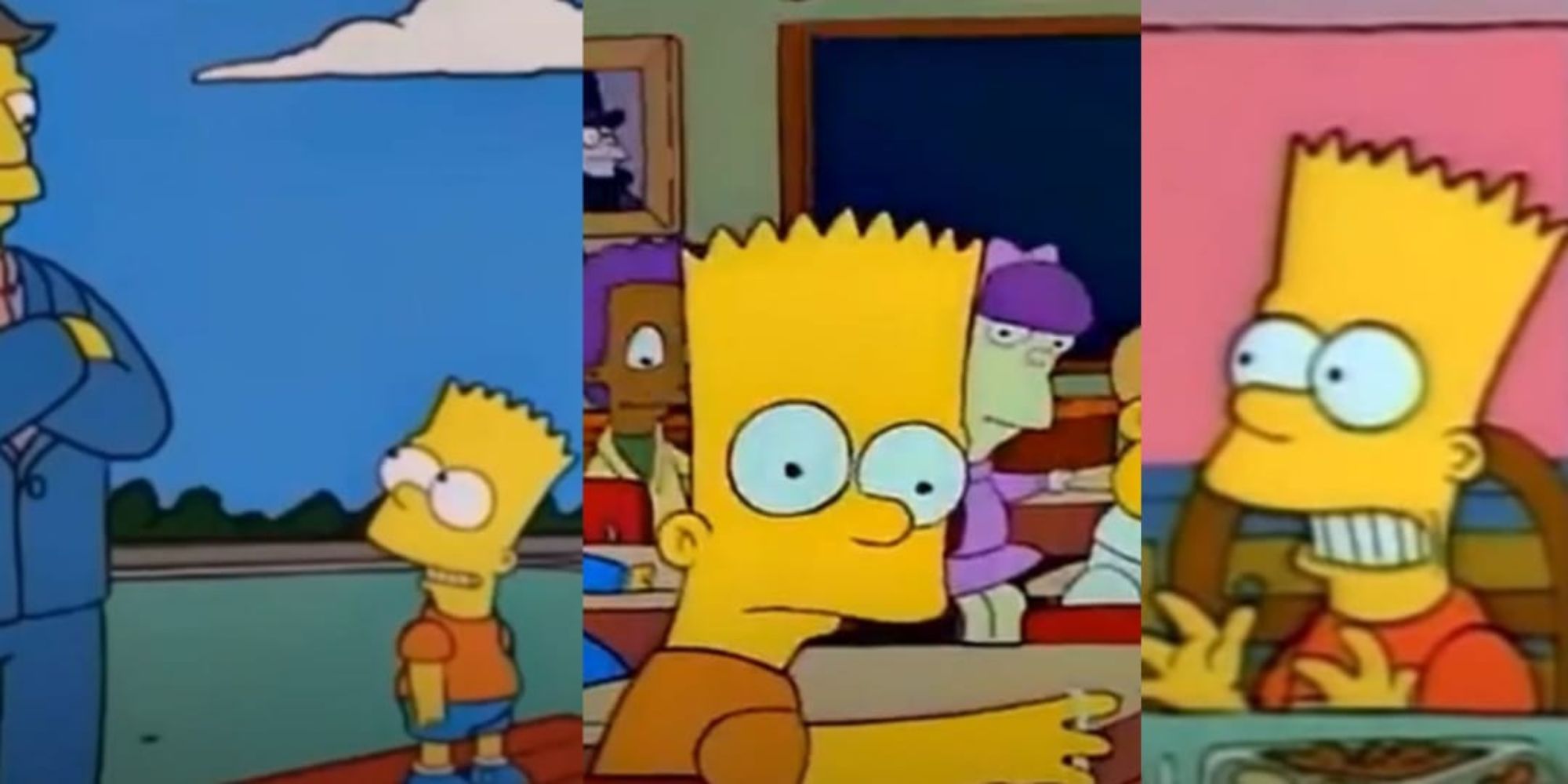 Three split screen images of Bart in The Simpsons