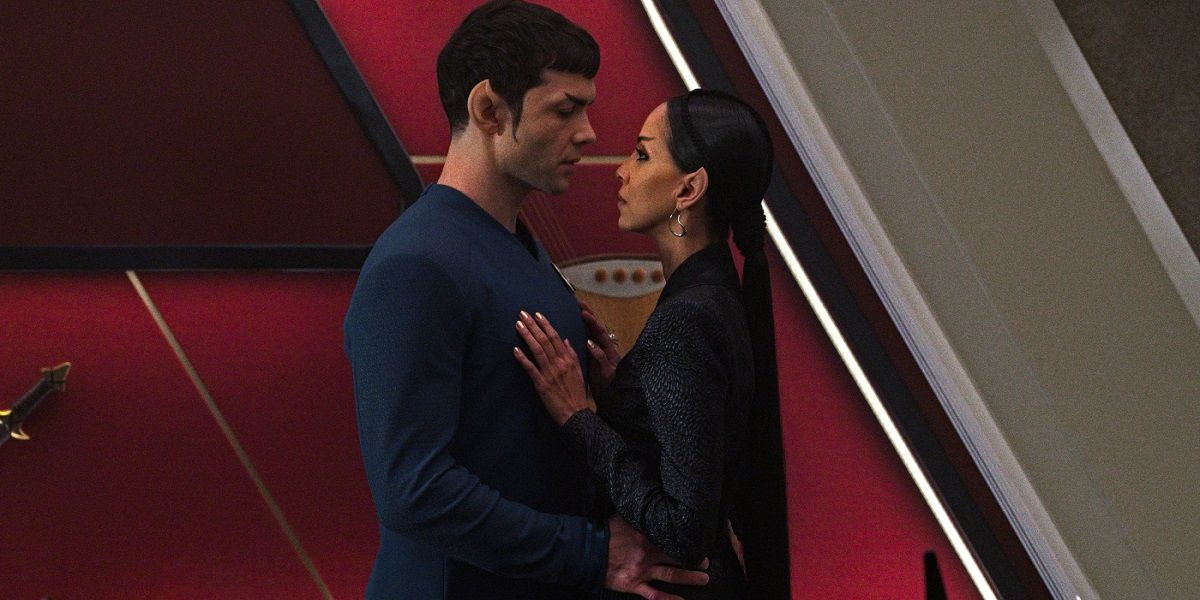 Spock and T'Pring embrace from Strange New Worlds 