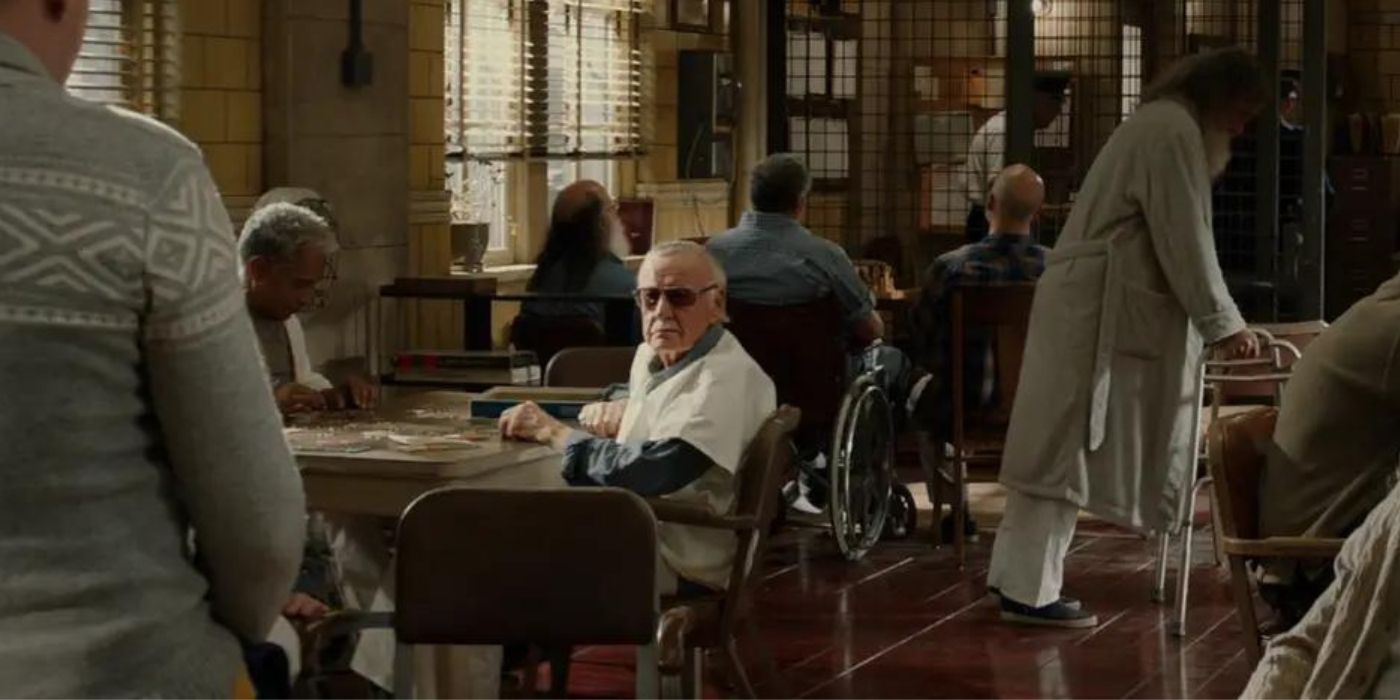 Stan Lee sitting in a mental ward and looking at Selvig in Thor The Dark World