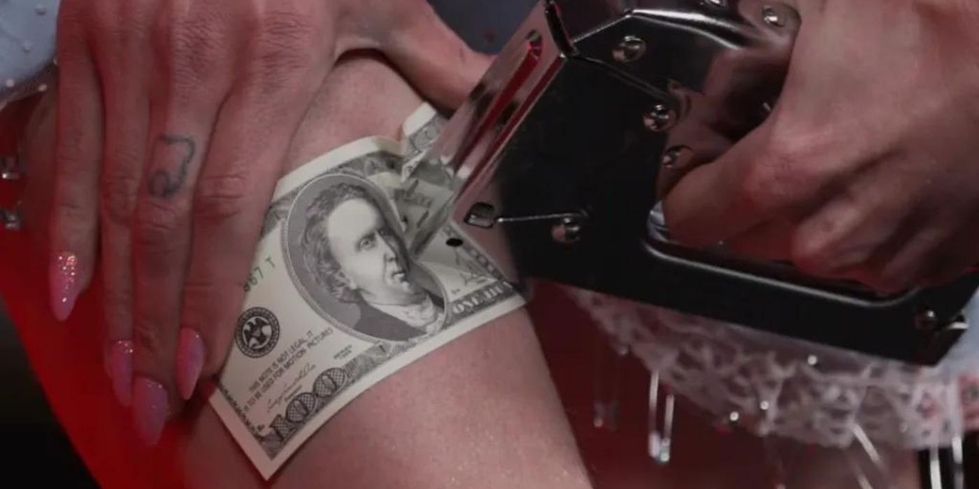 Someone stapling a bill to their leg in The Boulet Brothers' Dragula.