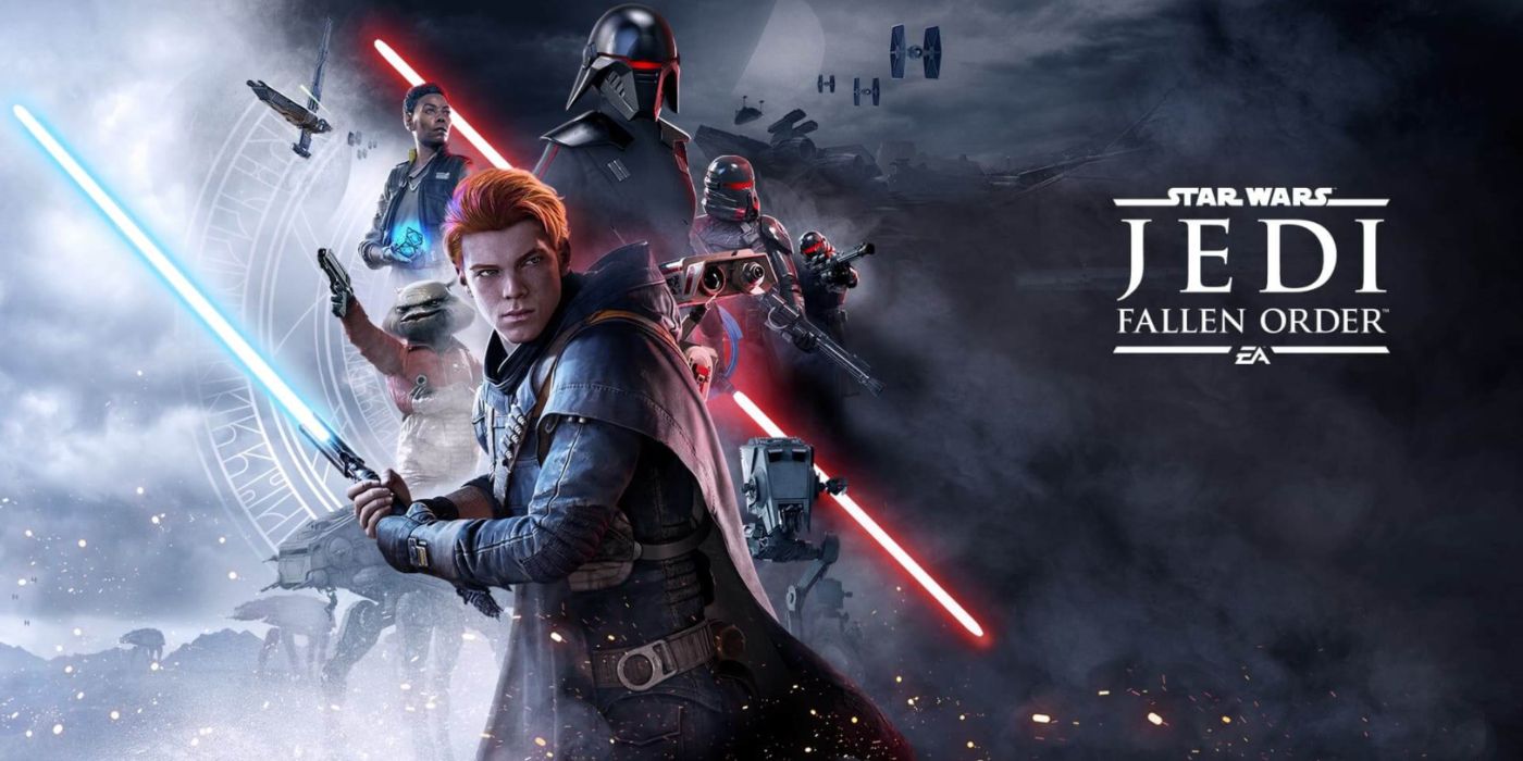 Cal Kestis wielding his blue lightsaber in Jedi Fallen Order promo art with the rest of the cast.