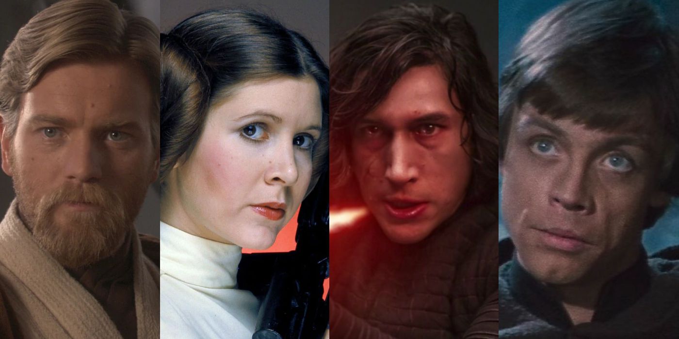 Ewan McGregor as Obi-Wan Kenobi, Carrie Fisher as Leia Organa, Adam Driver as Kylo Ren, Mark Hamill as Luke Skywalker