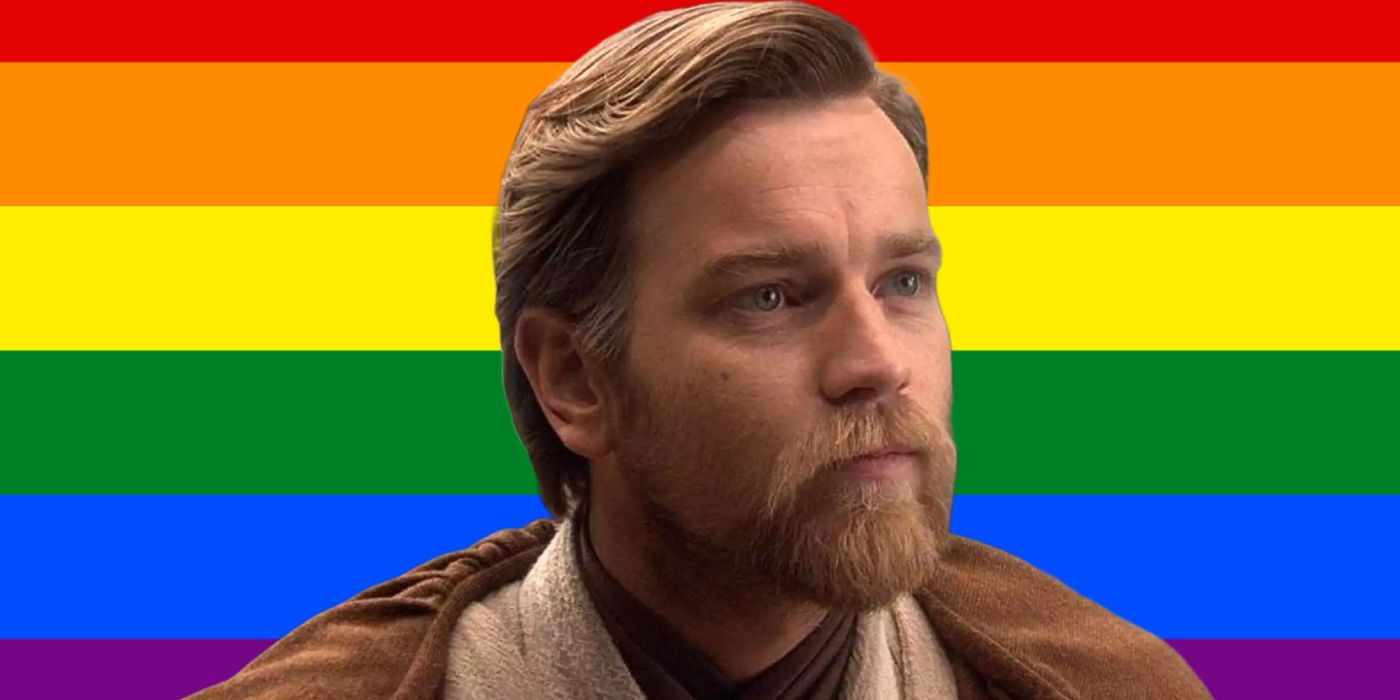 Obi-Wan Kenobi in front of a Pride flag