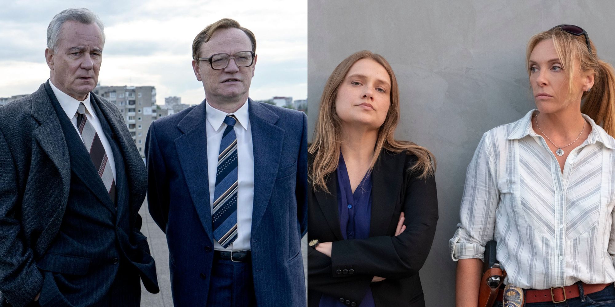 Split image showing characters from Chernobyl and Unbelievable.