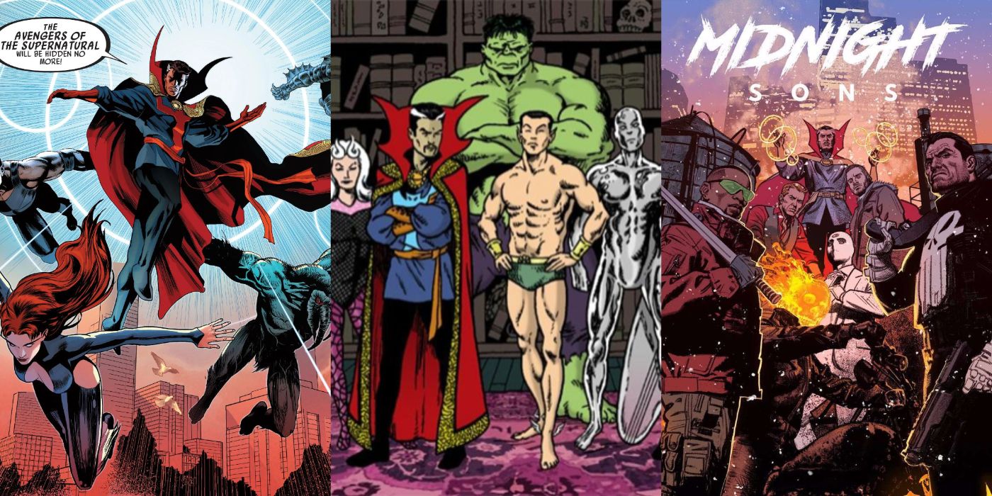 Stills from various comics featuring Doctor Strange in teams
