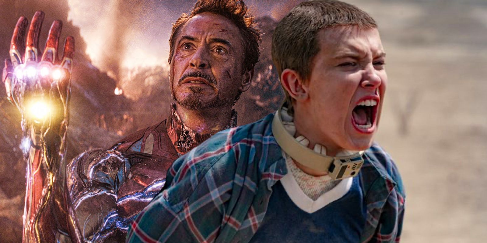 Robert Downey Jr as Iron Man and Millie Bobby Brown as Eleven