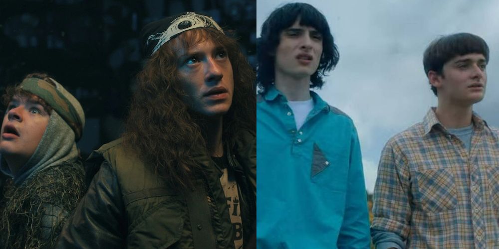 Split image of Dustin and Eddie scared in the trailer, and under a grey storm cloud Mike and Will look at something with concern