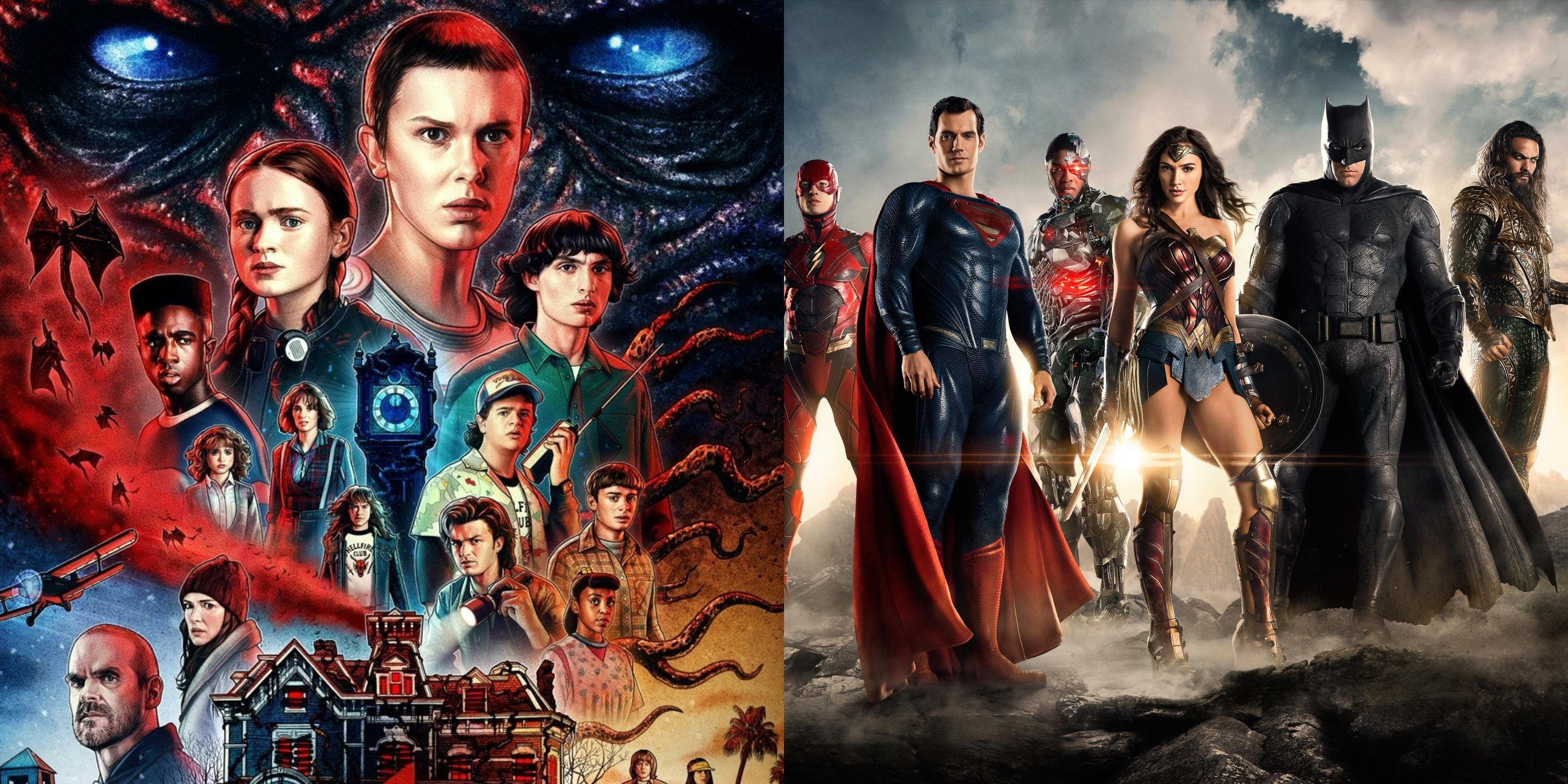 A split image of the characters from Stranger Things & DCEU