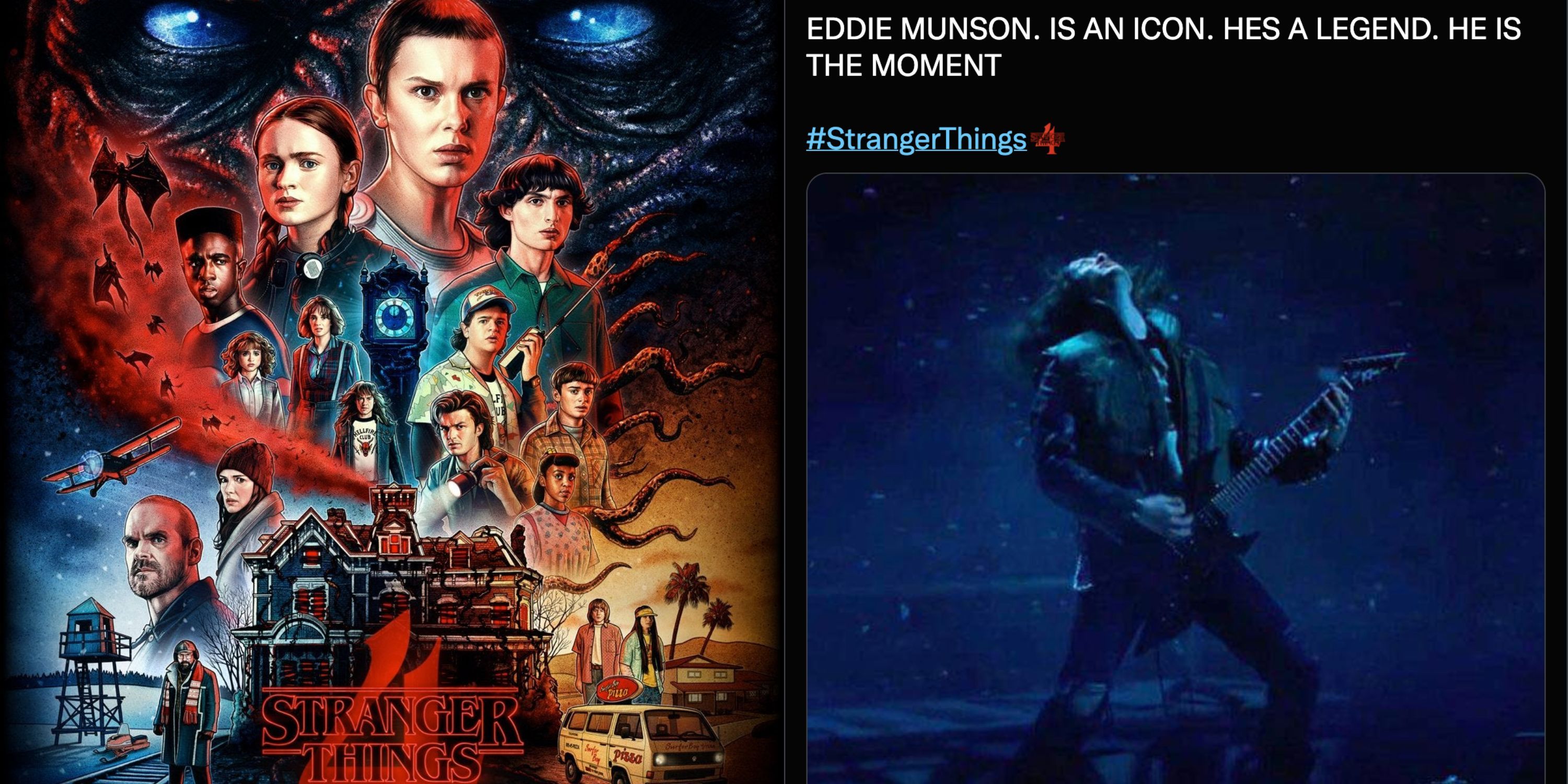Split image of the poster for Stranger Things Season 4 and a tweet about the show
