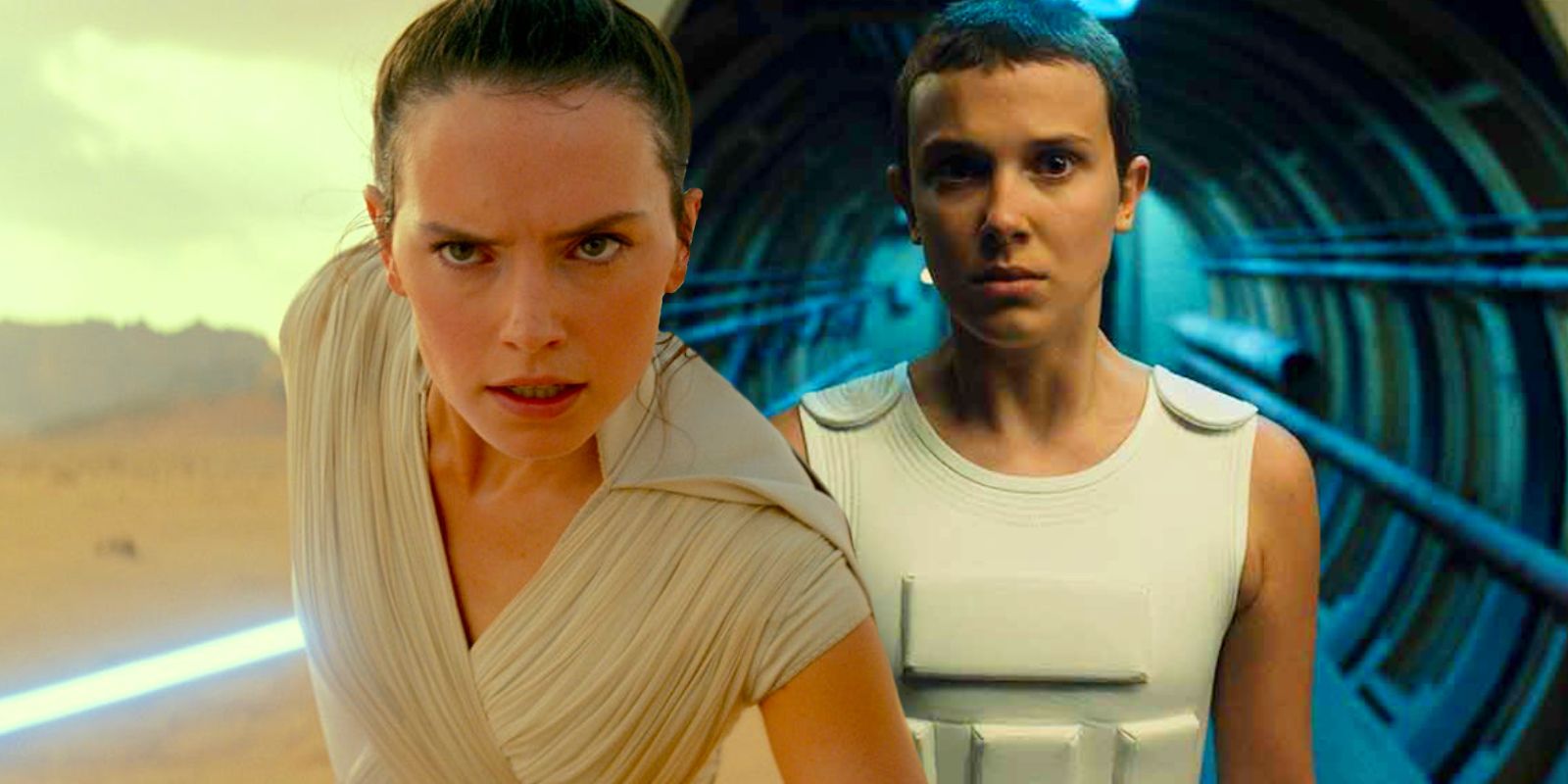 Daisy Ridley as Rey in Star Wars: The Rise of Skywalker and Millie Bobby Brown as Eleven in Stranger Things