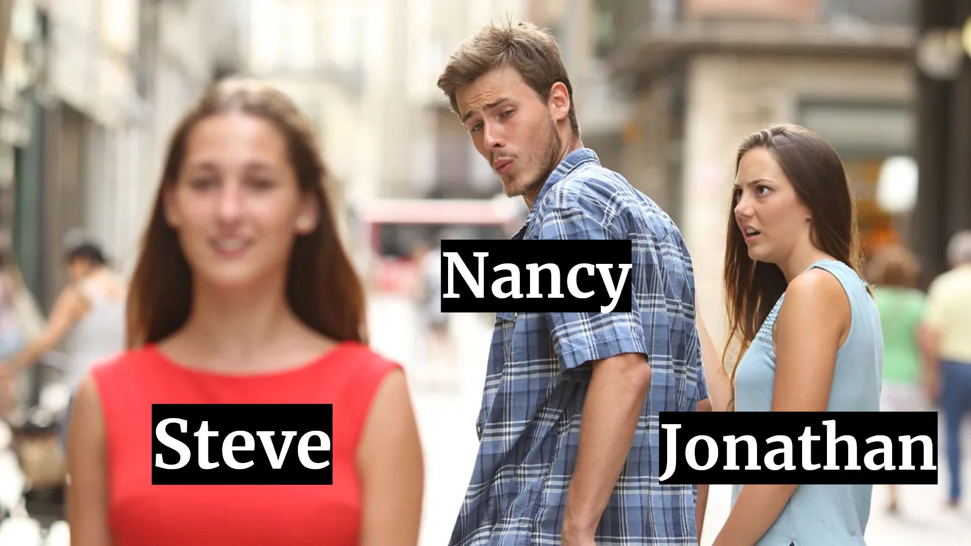 Stranger Things meme with Nancy Steve and Jonathan