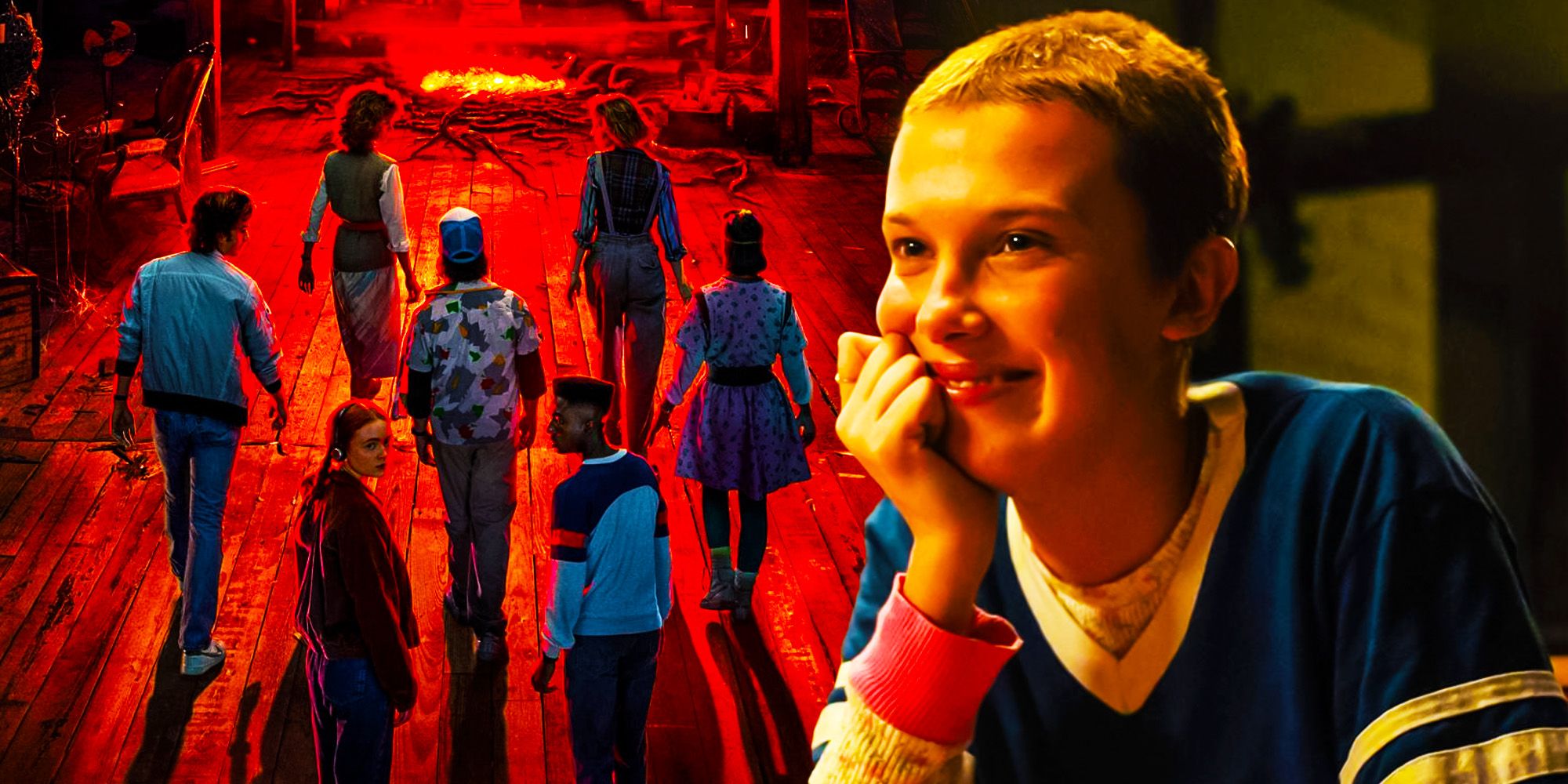 stranger things season 4 poster and eleven smiling with shaved head
