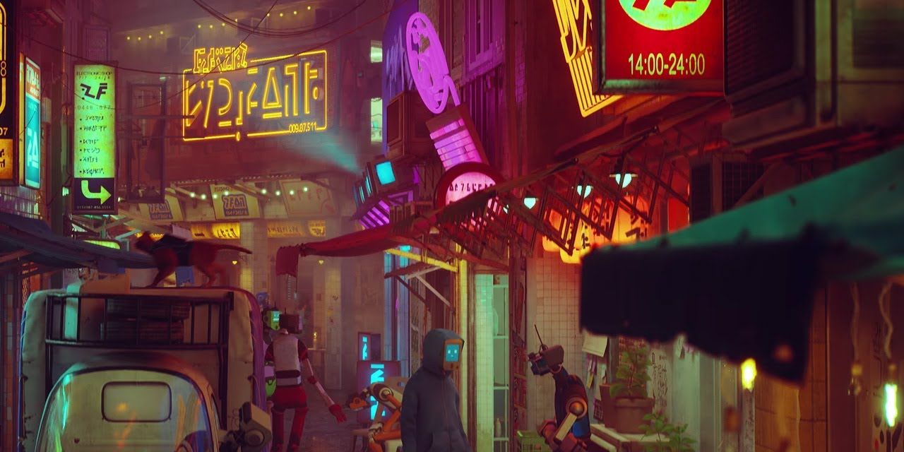A screenshot from the 2022 cyberpunk game Stray.