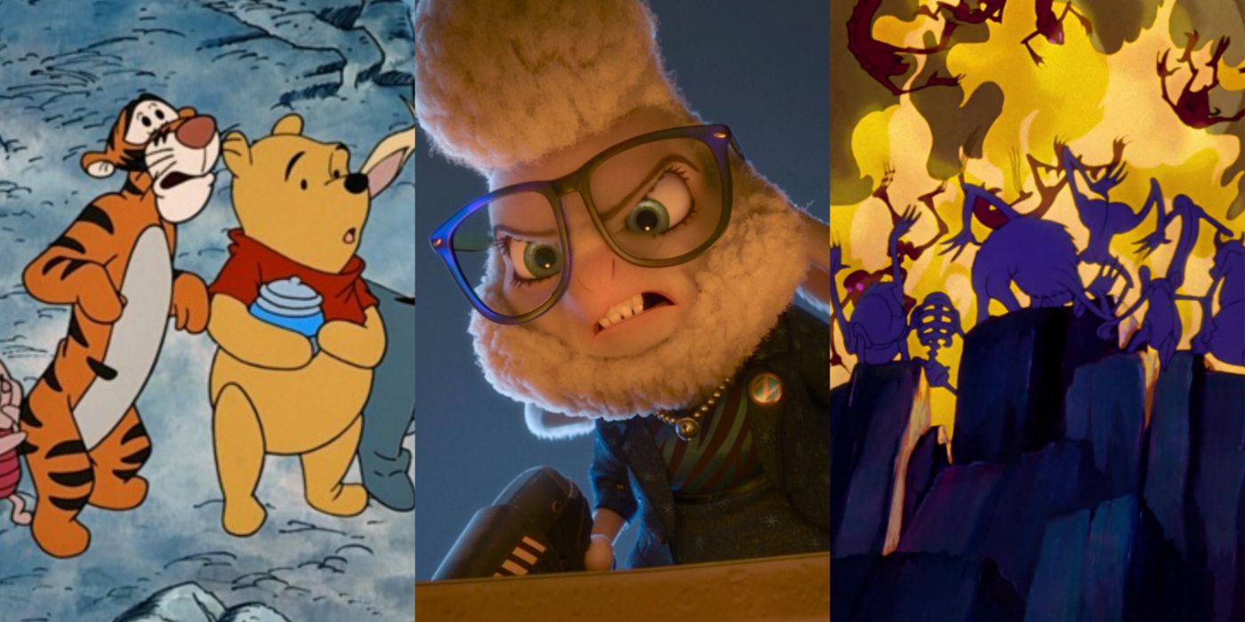 Scenes from Winnie the Pooh, Zootopia, and Hutchback of Notre Dame