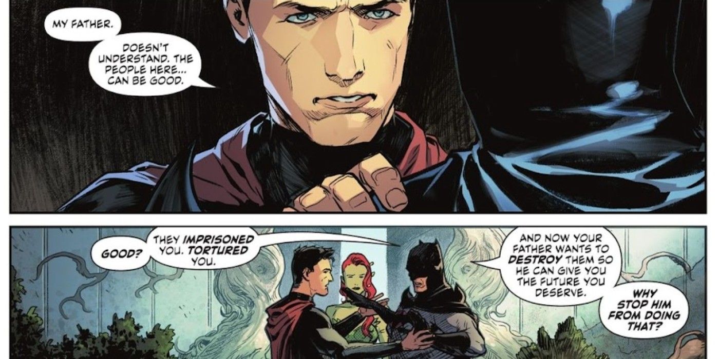 Super-Man talks to Thomas Wayne's Batman in Flashpoint Beyond #3.