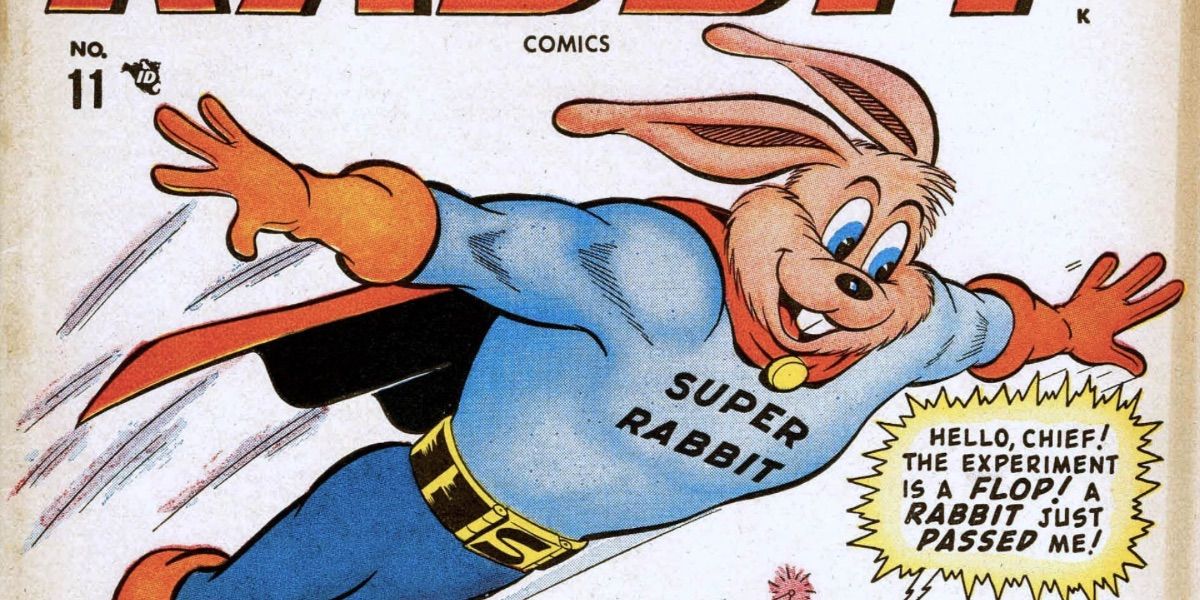 Super Rabbit flies through the air while smiling.